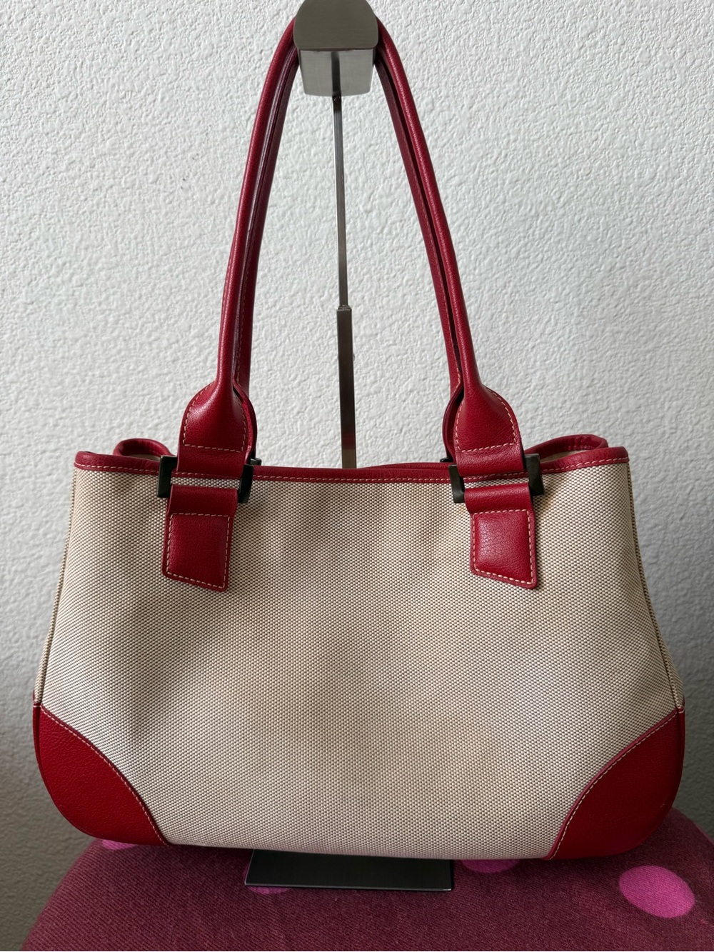 Vintage Longchamp 520322 Canvas Red Leather Tote Made in France COA